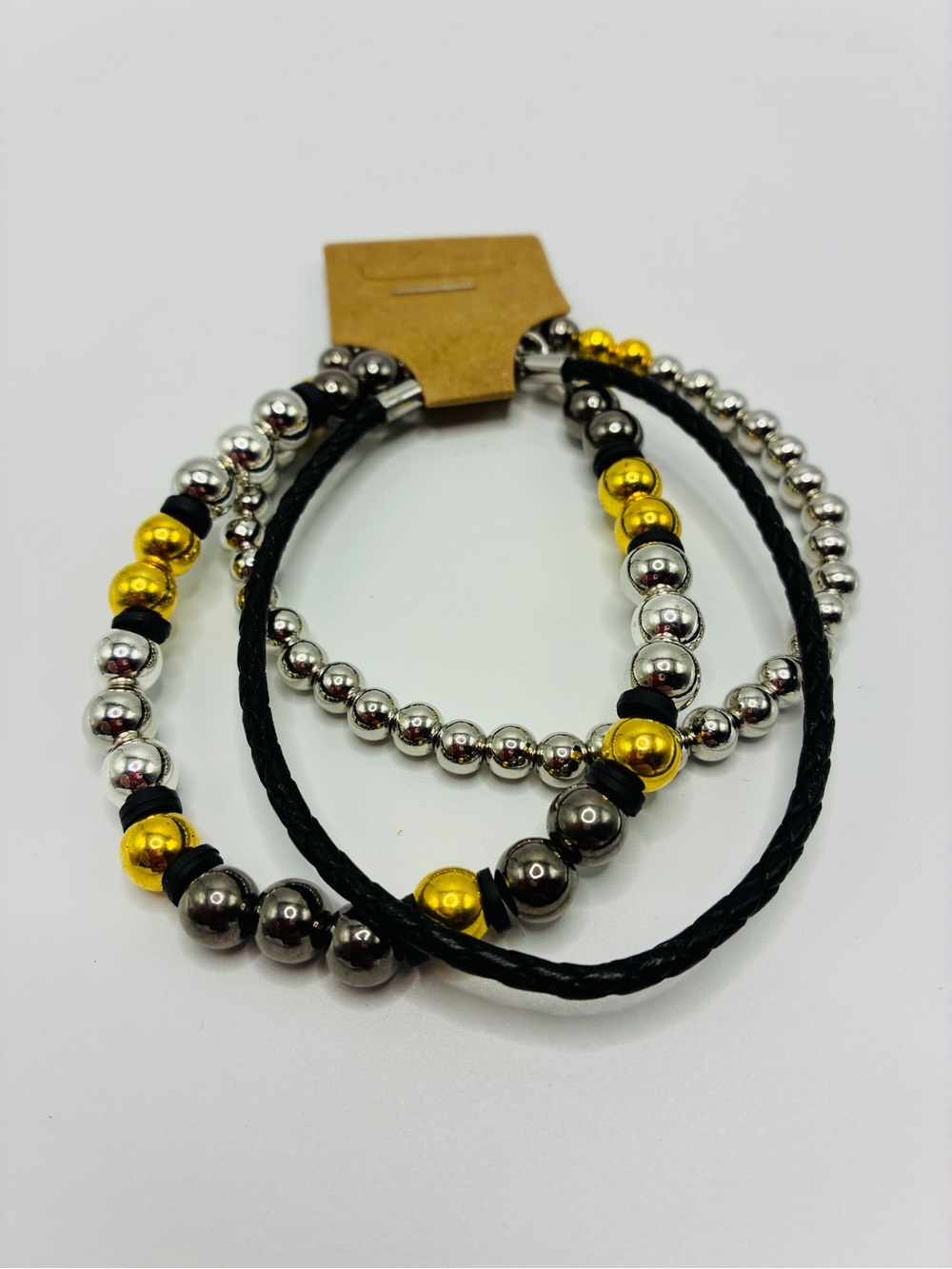 3 Gold & Silver Beaded Leather Wrap Bracelet Set 7” - Women Jewelry